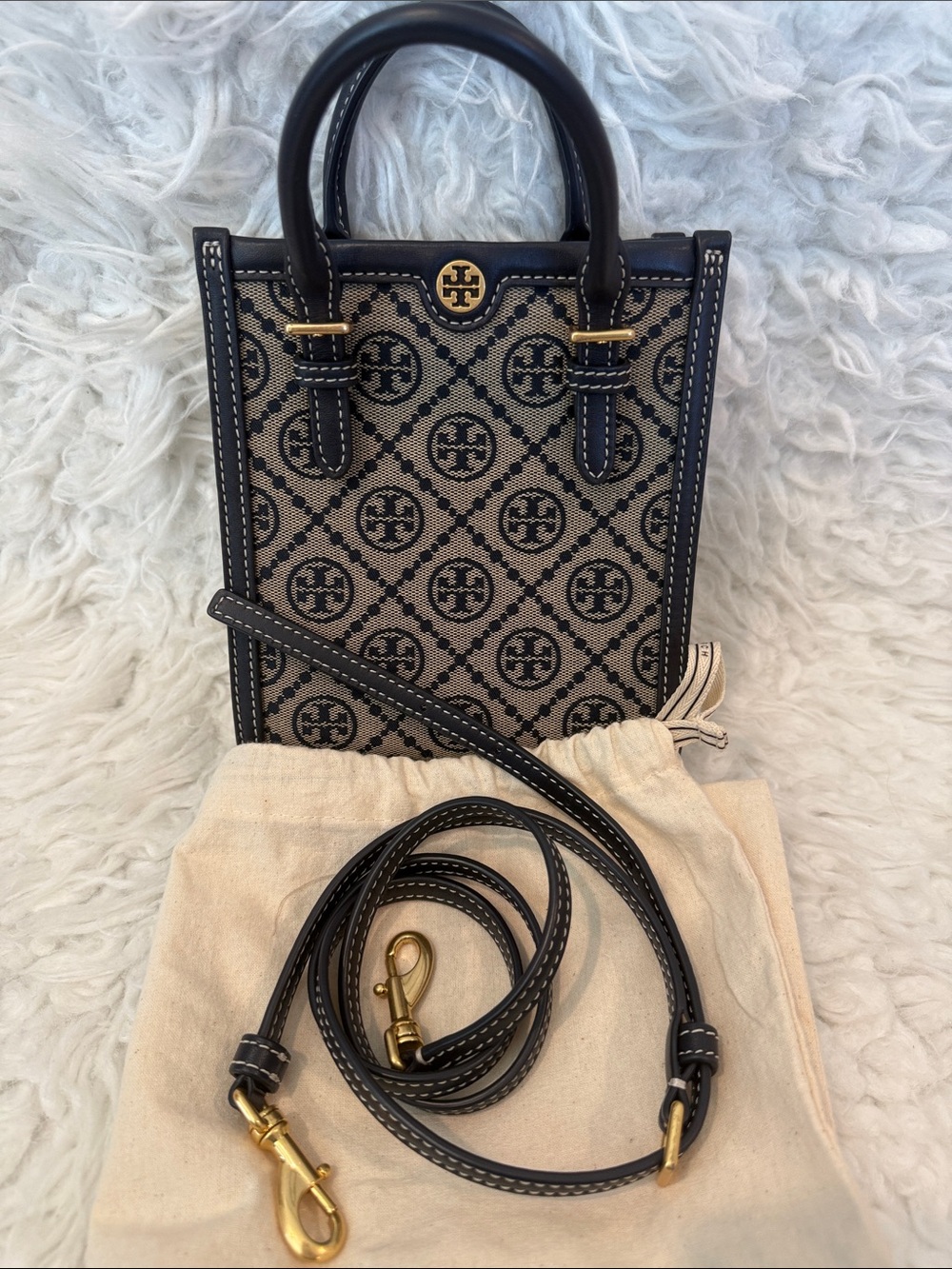 Tory Burch Navy and gold Logo T-monogram  Jacquard Mini Tote with Gold Hardware
